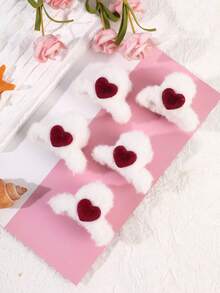 5个毛绒爱心发夹 - 白色蓬松绒面，亮丽爱心造型 - 女士温柔半扎发造型 - 约会及日常发饰 情人节发夹 优雅发夹 时尚发饰 - 彩色 - 查看 6