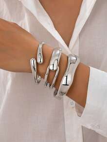 3件套简约流畅几何波浪不对称水滴形手链套装，适合女性，精致金属质感合金材质 - 銀色的 - 查看 8