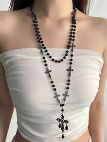 rundraw 1pc Gothic Style Ascension Day Cross Beaded Tassel Necklace, Black Resin Metal Material Personalized, Suitable For Women Party & Everyday Wear - Black - View 7