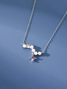 1pc S925 Sterling Silver Geometric Pearl & Zirconia Decor Necklace For Women - one-size - View 4