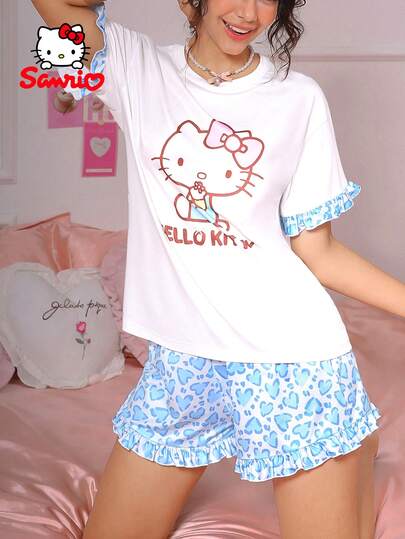 SANRIO 两件套女士数码印花荷叶边睡衣套装，蓝色，圆领短袖短裤睡衣套装，可爱睡衣套装，家居服