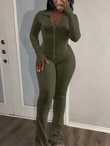 LovelyWholesale Women's Casual Stand Collar Long Sleeve Solid Color Zip-Up Fitted Top And Yoga Pants Set, Spring/Autumn - Army Green - View 2