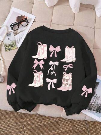 Tween Girl Long Sleeve Crew Neck Pullover With "Bow And Boots" Print, Comfortable And Stylish, Casual And Versatile, Winter Collection. Sweatshirt For School, Shopping, Streetwear And Vacation Wear.