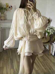 Women's Ruffle Mini Dress Long Lantern Sleeve Tie-Up Front Solid Color Pleated Dress Short Flowy Dress - Apricot - View 1