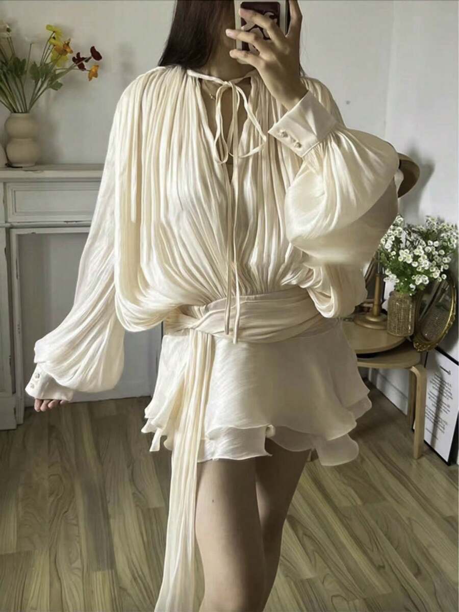 Women's Ruffle Mini Dress Long Lantern Sleeve Tie-Up Front Solid Color Pleated Dress Short Flowy Dress - Apricot - View 1
