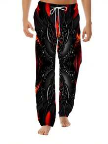 Men'S Retro Straight-Leg Joggers With Dragon Flame Print - Loose Fit, Drawstring Waist, Casual Comfort Pants For Teens & Adults, Black & Red Design, Comfortable Clothing |   Bold Pattern Pants |   Polyester Blend - 彩色 - 查看 4