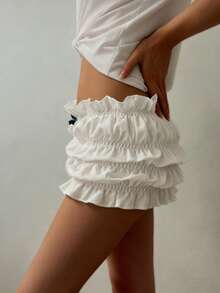 春夏时尚百搭街头摄影纯色蝴蝶结荷叶边女式短裤