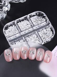 6格银合金丝带蝴蝶结美甲饰品装饰可爱迷你丝带蝴蝶结设计金属配件混合款式日系可爱美甲饰品DIY沙龙美甲用品女孩美甲 - 銀色 - 查看 7