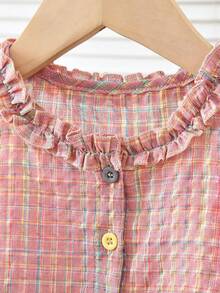 Tween Girl Plaid Frill Trim Single-Breasted Sleeveless Top And Wide Leg Pants Fashion Casual Outfit - Pink - View 3