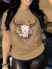 Mujer T-shirt Casual Moderna Estampado Cráneo Floral Mariposas Color Liso Corte Holgado Cuello Redondo Manga Corta Primavera Verano Diario Playera - Camel - Ver 1