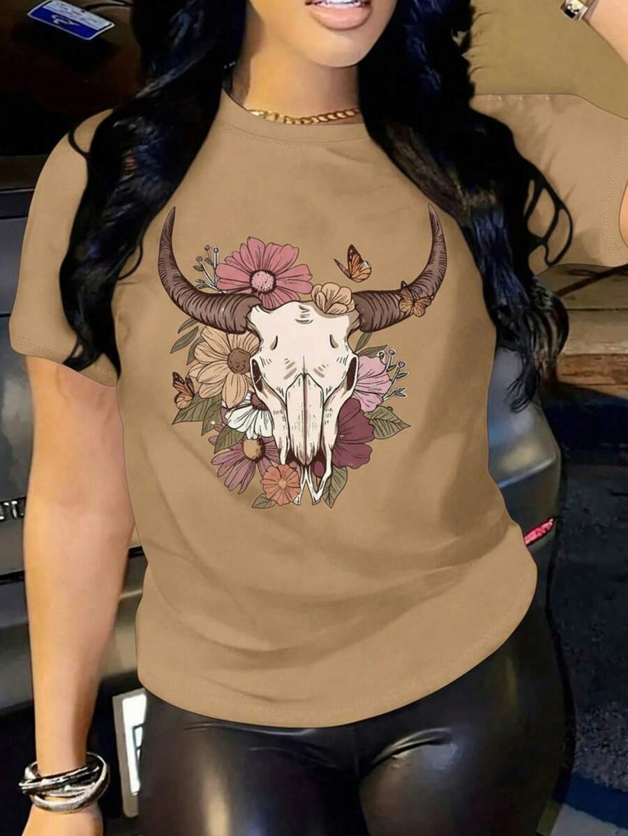 Mujer T-shirt Casual Moderna Estampado Cráneo Floral Mariposas Color Liso Corte Holgado Cuello Redondo Manga Corta Primavera Verano Diario Playera - Camel - Ver 1