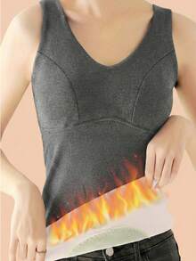 1 pieza Ropa interior térmica de felpa de unicolor, chaleco redondo cálido para mujer, adecuado para otoño/invierno - Gris - Ver 6