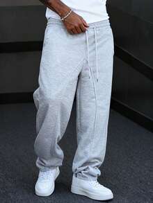 1pc Men's Gray Fleece Paneled Baggy Sweatpants, Essential Streetwear Joggers With Comfort Fit, Wide Leg Pants For Men, Suitable For Daily Shopping, Loungewear, Sports & Fitness, Friends Gatherings And Back To School Wear, Perfect Men's Spring Fall Winter Clothes