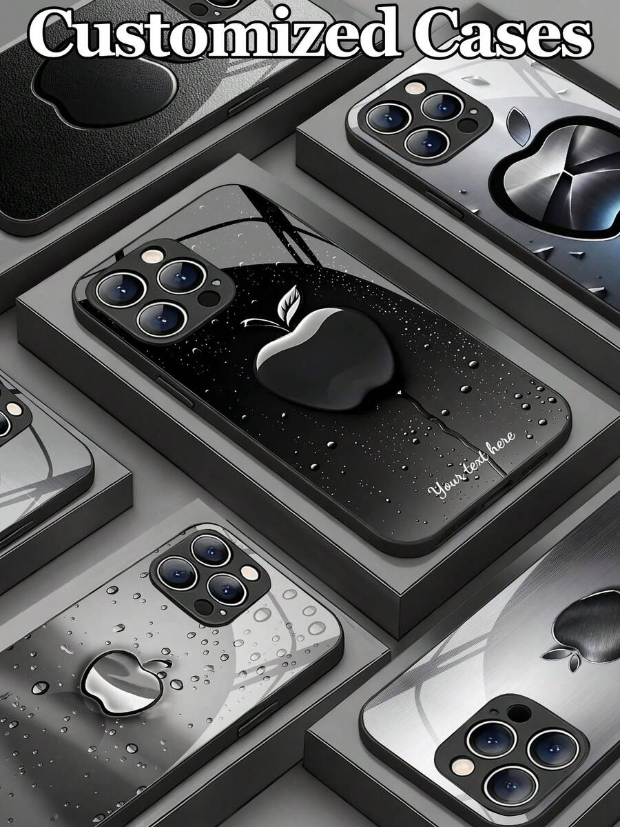1 szt. personalizowane etui ze szkła hartowanego z motywem kropli wody i wzorem Apple, kompatybilne z 17 ProMax/17AIR/16 ProMax/15 Pro/14 Plus/13 Pro/12 Pro Max/11/Xs Max/8/7/6 Plus, S24 Ultra/S25 Ultra/Redmi K40S, spersonalizowany prezent dla przyjaciół i rodziny - Czarne - Zobacz 1