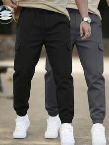 2条装男童青少年休闲侧袋抽绳裤，适合运动、户外活动，春夏秋冬皆宜。 - 黑色 - 查看 1