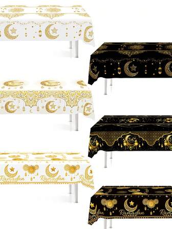 1pc Eid Mubarak Disposable Tablecloth, Gold Star & Mandala Floral Pattern Plastic Tablecloth, Suitable For Eid Home Kitchen Dining Table Decor, Ramadan Decoration, Eid Party Supplies