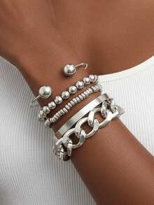 7pcs/Set European & American New Minimalist Multi-Layer Braided Chain, Metal Blade Chain Bracelet Set, Bohemian Fashion Layered Bracelet Suit For Women, Fashionable Jewelry For Daily & Party Wear