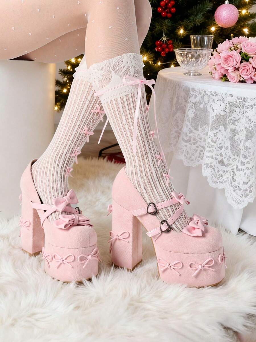 Pink Bow Platform Heels Gothic Mary Jane Pumps For Women Chunky High Heels Buckle Block Heels Sweet Lolita Cosplay Dress Shoes For Christmas Party Auspicious New Year Gifts Valentine Day - Hồng - Xem 1