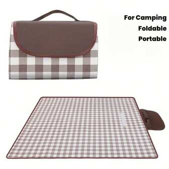 大型可折叠防沙沙滩垫 - 棕白格子野餐毯，适用于露营、徒步旅行、户外家庭聚会