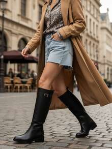 新款圆头粗跟踝靴英伦风扣饰马靴平底不过膝长靴秋冬 - 黑色 - 查看 5