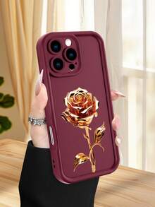1 pieza funda de teléfono con diseño de rosa dorada sobre fondo negro, estilo elegante y sofisticado ideal para San Valentín y regalos especiales, TPU suave, protección completa antiimpacto y antideslizante, compatible con iPhone17 ProMax/16/15/14/13/12/11/Plus/Pro/ProMax, compatible con Galaxy A34/A35/A54/A55, Galaxy S20/S21/S22/S23/S24/S25 Ultra/Plus, compatible con Galaxy/Redmi/Honor/OPPO/ViVo - Burdeos - Ver 2