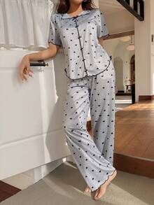 2pcs Women's Pajama Set, Heart Print V-Neck Short Front Long Back Short Sleeve Top And Long Pants, Cute Black Sleepwear Set, Women Casual Loungewear, Women's Intimate Apparel, Suitable For Spring And Summer - Light Grey - View 4