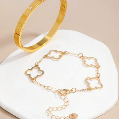 2pcs/Set Simple And Fashionable Bracelet & Bangle Set, Suitable For Daily Wear