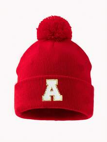 1pc Women's Fashion A-Z Letter Fuzzy Pom Pom Knit Beanie Hat, Suitable For Autumn/Winter Daily Warmth And Outfits - Red - View 16