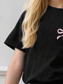 Tween Girls' Bow Print Short Sleeve T-Shirt And Skinny Flare Pants Casual Outfit - Black - View 4