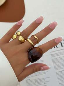 5pcs/Set Vintage Minimalist Thick Round Open Finger Rings Set, Asymmetrical Fashion Unique Ring Set, Suitable For Women's Daily Commute, Holiday Gifts, Party Decoration Charming Jewelry Set