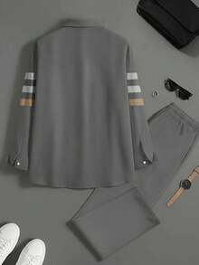 Plus-Size Men's Clothing, Spring Long-Sleeved Shirt Set, Men's Casual Two-Piece Set - Multicolor - View 3