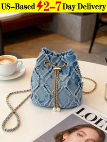 [US-Based Shipping]New Fashion Classic All-Match Solid Color Diamond Lattice Raw Edge Metal Drawstring Opening And Closing Design Shoulder Bucket Bag, Elegant Women's Wallet, Suitable For Shopping, Commuting To Work, Party Gatherings - Màu xanh lam - Xem 9