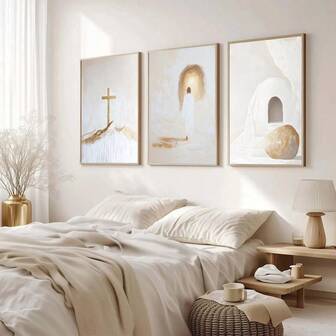 1/3pcs Set Unframed Golden Beige Christian Canvas Poster He Is Risen Cross Christian Wall Art Print Religious Painting For Apartment,Living Room,Bedroom,Modern Home Decoration