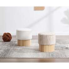 Chairus Round Ottoman Stool In Linen & Wood Footstool With Lid, Storage Pouffe For Living Room/Bedroom - Beige - View 6