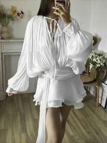 Women's Ruffle Mini Dress Long Lantern Sleeve Tie-Up Front Solid Color Pleated Dress Short Flowy Dress - White - View 4