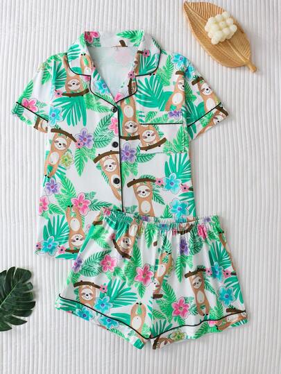 2pcs Sloth Print Casual Women Pajama Set, Lapel Button Short Sleeve Top And Elastic Waist Shorts, Elegant Ladies Sleepwear Homewear