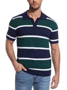 Men's Knit Polo Shirt Short Sleeve Striped Sweater Polo Casual Summer Golf Shirt Soft Lightweight Pullover Top - Royal Blue - View 3