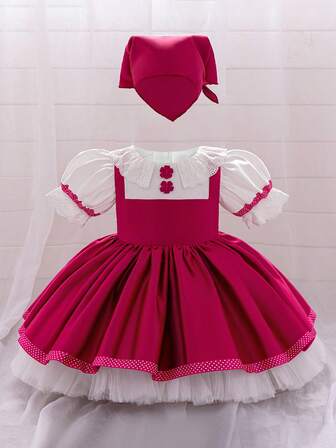 Baby Girls Fuchsia Puff Sleeve Satin Chiffon Princess Dress With Neck Scarf, Suitable For Parties