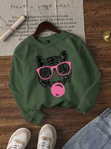 1Pcs,Women's Autumn Tiger Pattern Round Neck Sweatshirt, Casual Loose Multi-Functional Festive Style Top, Suitable For Daily Wear, Autumn Women's Clothing, Fashion Winter. Pullover,Cotton,Cozy,Winter Clothes For Women,Crewneck,Graphic, Christmas Gifts,Sweatshirt Women New Years - Light Green - 查看 2