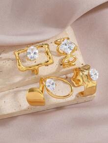 1 pieza Anillo de mujer de lujo con circonita estilo francés, diseño geométrico chapado en oro de 18K de acero inoxidable, adecuado para uso diario, citas, fiestas, conciertos, joyería - Amarillo Oro - Ver 5