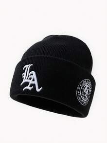 1顶男女通用时尚可变形A字Logo刺绣针织帽，适合秋冬季日常佩戴保暖