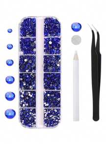 Nail Art Rhinestones Kit HUETFAT 2400pcs Nail Gems Blue Flatback Rhinestones Gems Stones, With Storage Organizer Box/Wax Pencil/Tweezers 6 Sizes (1.5-4.5 Mm) For Nail Art Craft (2400pcs) Nails - Blue - View 1