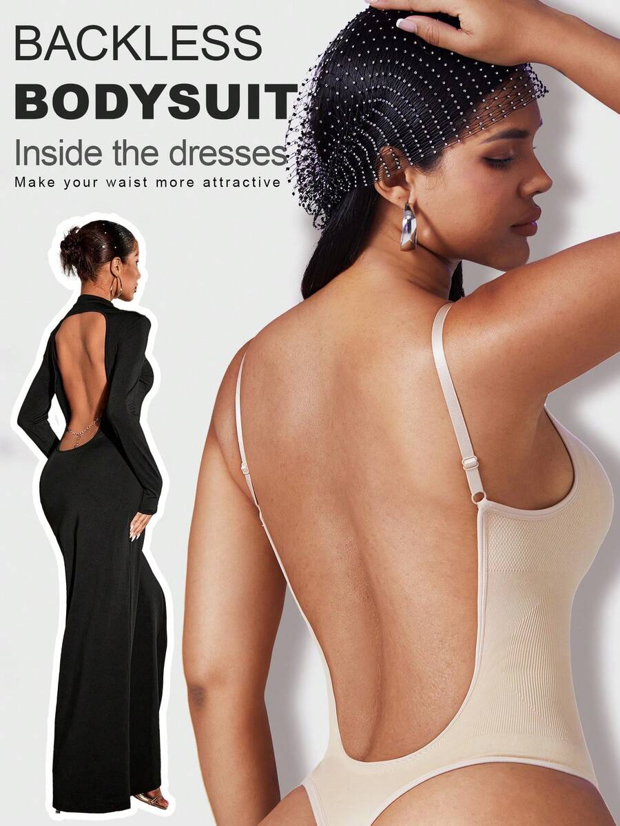 1pc Women's Seamless Backless Bodysuit With Tummy Control - Apricot - View 1