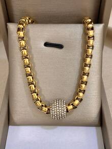 1pc Minimalist Rhinestone Round Charm Chunky Chain Necklace For Women Dainty Cute Stainless Steel Choker Necklace Daily Party Jewelry Christmas Gifts - N994606N - View 3