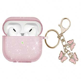 1pc Minimalist Transparent Glitter Shockproof Earphone Case + 3pcs Rhinestone Butterfly Keychain Bluetooth Earphone Case Compatible With Apple 1/2/3/Pro/Pro 2nd Generation, Creative Design