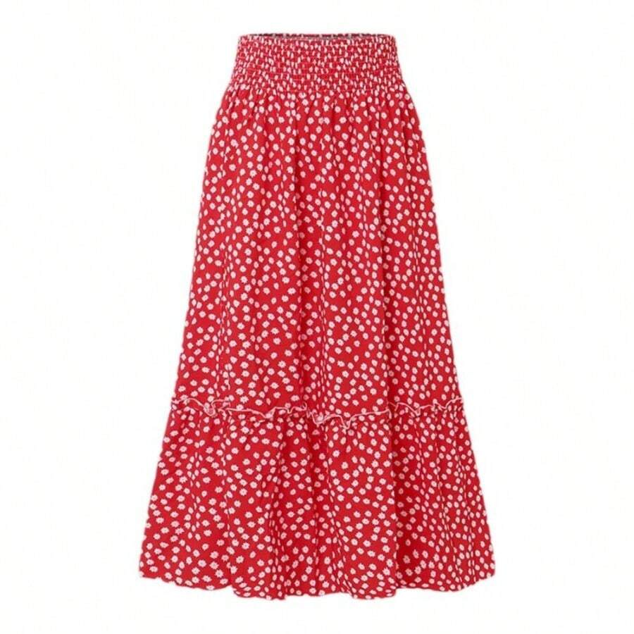 Falda bohemia floral cruzada estampada de gasa con volantes, falda casual femenina estilo playa, Rojo -, S - inicial - Ver 1