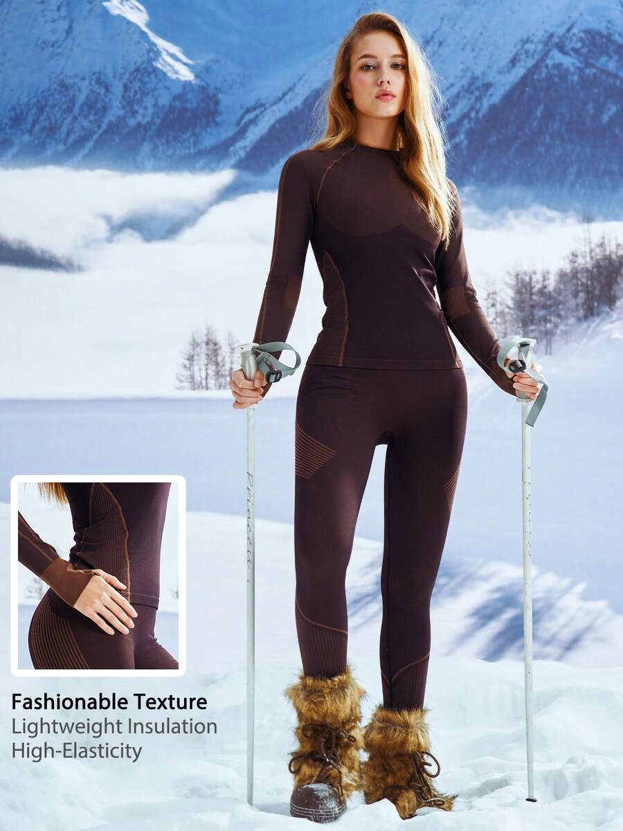 Leorrey One Set Women's Seamless Fashion Versatile Round Neck Contrast Color Fitted Long Sleeve High Waist Long Pants Sports Ski Clothes Winter - Coffee Brown - View 1
