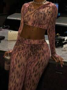 女士休闲街头风套装，印花“女孩”图案拉链连帽衫和长裤套装，长袖运动两件套，适合派对和聚会穿着，春秋季 - 豹紋粉 - 查看 3