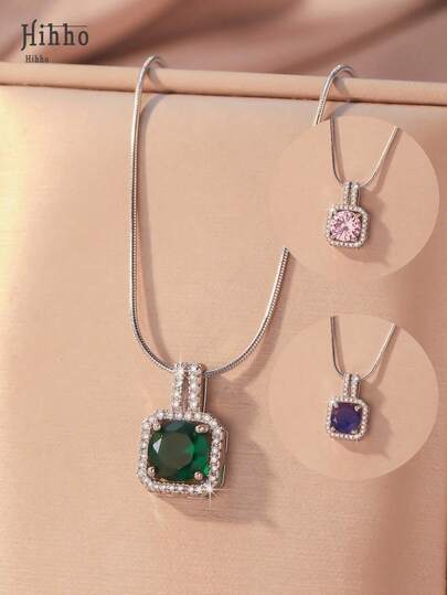 Hihho 1入組奢華不銹鋼方晶鋯石裝飾鎖吊墜項鍊適合派對