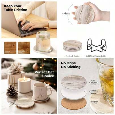 Coasters Set Of 6, Coasters Drinks Absorbent Stone With Holder, Black Marble Style Ceramic Drink Coaster Tabletop, Coffee Table Decor Home Decor House Warming Gifts